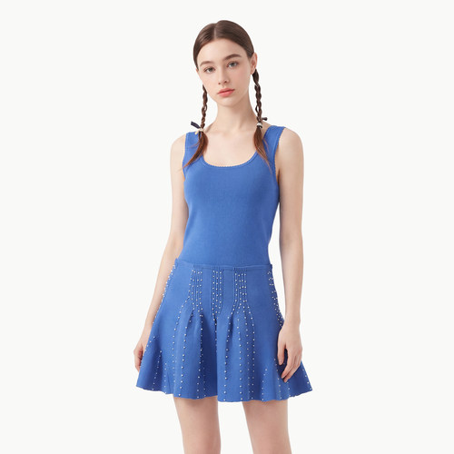 MMC法式高级感克莱因蓝无袖针织连衣裙重工珍珠收腰显瘦气质A字裙