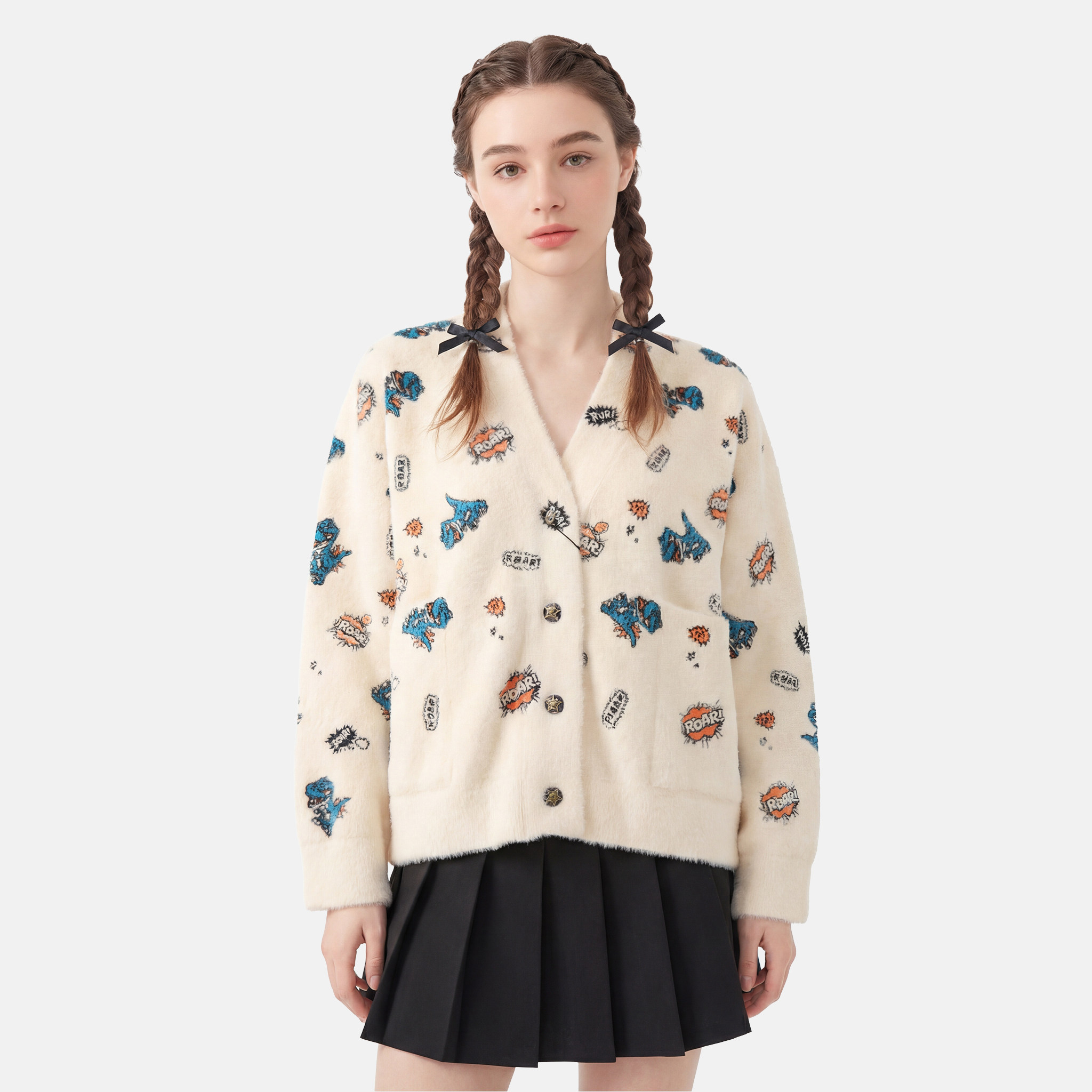 MMC潮牌恐龙涂鸦复古口袋V领针织开衫外套毛衣上衣宽松慵懒风女新,女装/女士精品,毛针织衫,淘宝优惠券,粉丝福利购,淘宝优惠卷