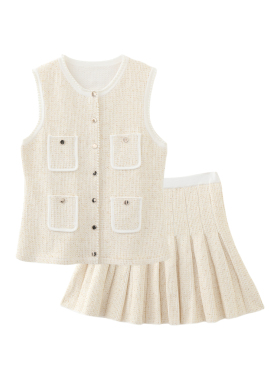 MMCS家欧货法式小香风轻奢风优雅珍珠饰边亮片针织马甲百褶裙套装