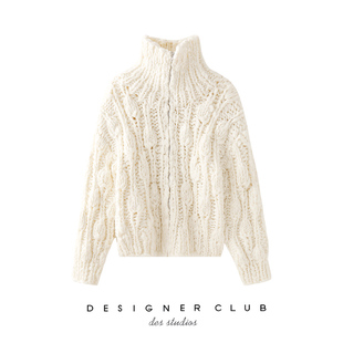 mmc 简约风百搭上衣宽松针织外套 秋冬高领毛衣女棒针拉链开衫