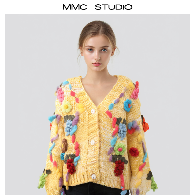 MMC 宽松慵懒风手工粗棒针立体钩花葡萄V领针织开衫外套毛衣加厚