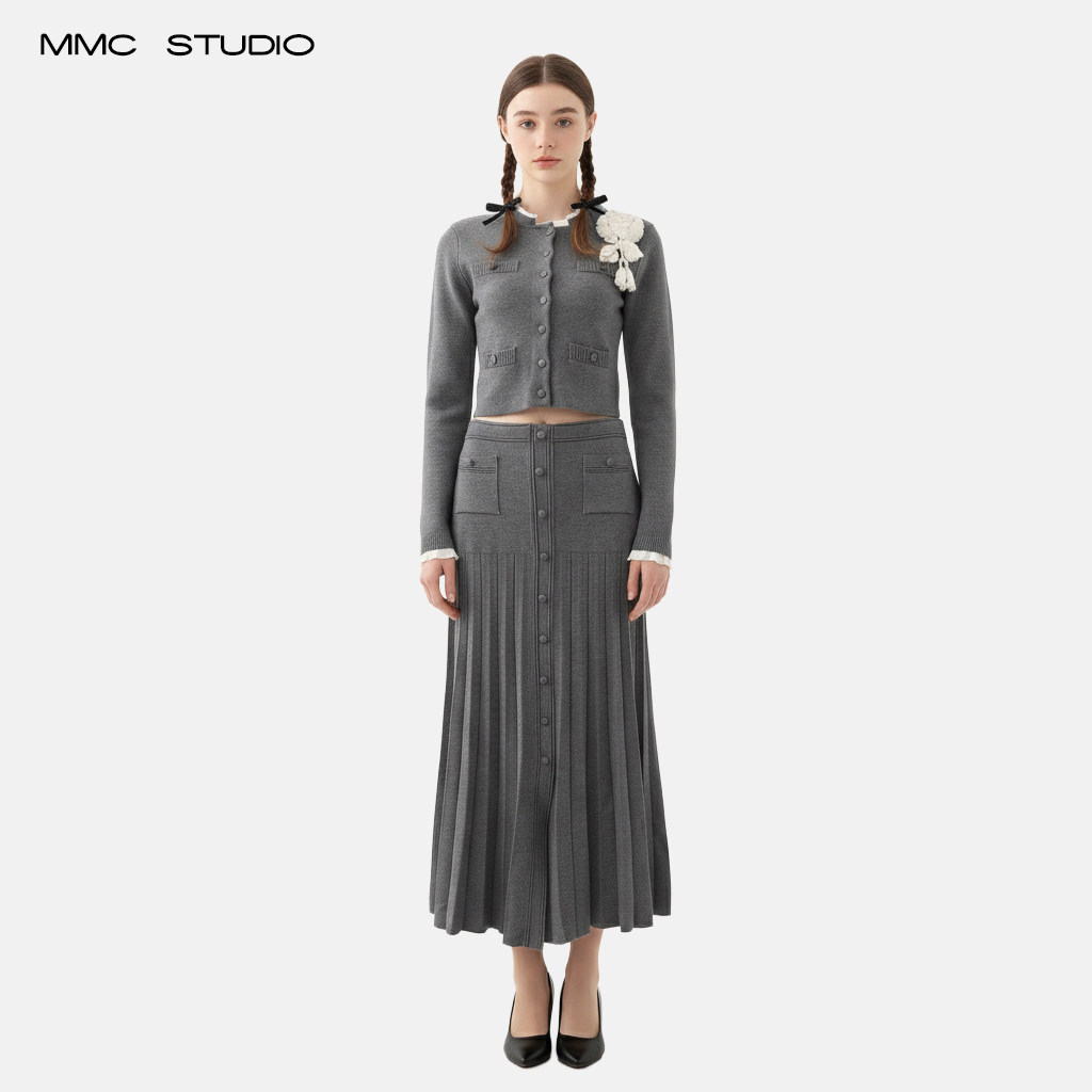 MMCS家欧货法式气质针织套装女高级感小香风开衫高腰百褶裙两件套