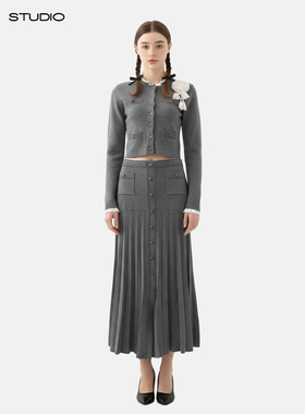 MMCS家欧货法式气质针织套装女高级感小香风开衫高腰百褶裙两件套