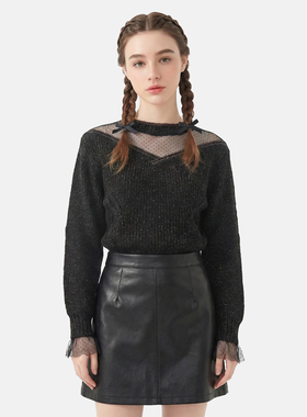 MMC法复古拼接网纱亮丝小众镂空透视针织衫毛衣外套上衣设计感女