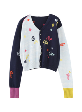 MMC趣味手绘刺绣撞色拼接毛衣宽松V领针织开衫百搭复古外套上衣女