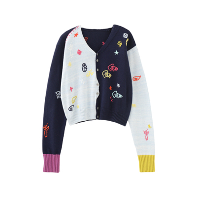 MMC趣味手绘刺绣撞色拼接毛衣宽松V领针织开衫百搭复古外套上衣女