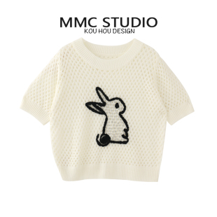 T恤 气质减龄重工镂空钉钻卡通兔子撞色宽松圆领针织短袖 MMC 时尚