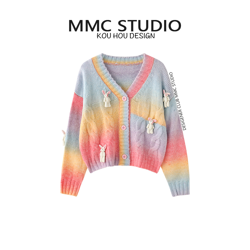 MMC 兔子挂件可爱长袖开衫女彩虹撞色渐变短款休闲百搭毛衣上衣