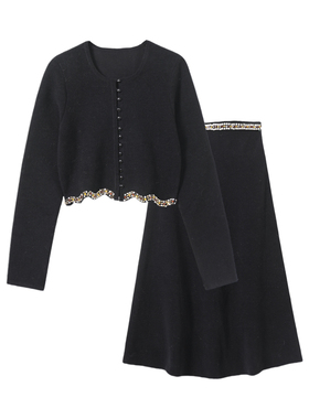 MMC欧货法式优雅小香风针织套装女长袖短款外套高腰半身裙两件套