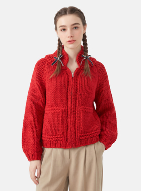 MMC复古法式本命年红色全手工粗棒针针织开衫外套毛衣加厚上衣女
