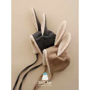 兔耳朵帽 3岁婴儿宝宝冬季 节日红兔加厚羊羔绒保暖帽 盐巴手作