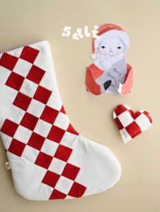 饰红色礼物袜 儿童家居装 盐巴手作 手缝拼布圣诞袜红色