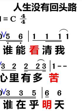 213人生没有回头路 大字谱高清简谱教唱谱直播教唱歌谱