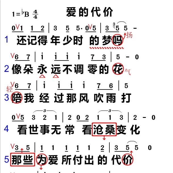 爱的代价 大字谱高清简谱教唱谱直播教唱歌谱