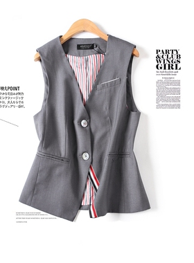 可工装亦休闲 秋冬新款免烫西装马甲背心女彩带气场灰色百搭黑色
