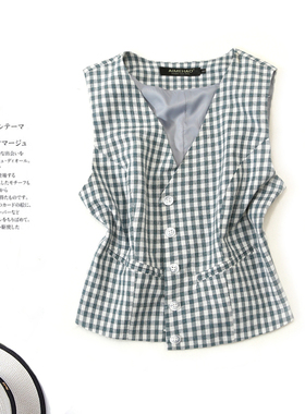 小清新湖蓝色棉麻格子短款马甲V领薄款马夹夏女装  M
