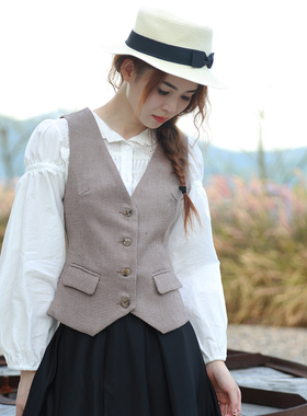 复古时尚修身显瘦又保暖单排扣毛呢西装马甲叠穿女士秋冬新款灰色