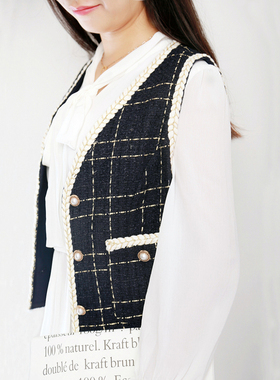 2024韩国春秋冬三季可穿显瘦珍珠扣小香风马甲藏蓝色坎肩女短款潮