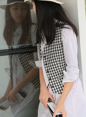 春秋新款千鸟格马甲女修身显瘦收腰马夹外套复古减龄外穿大码