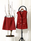 圣诞红小香风马甲韩版 粗花呢中长款 外套女士新款 新年红 2024春装