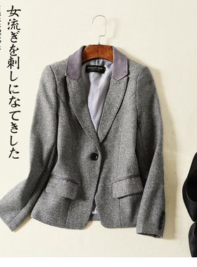 大气显瘦休闲灰色羊毛呢子小西装外套女短款秋冬新款加厚长袖M