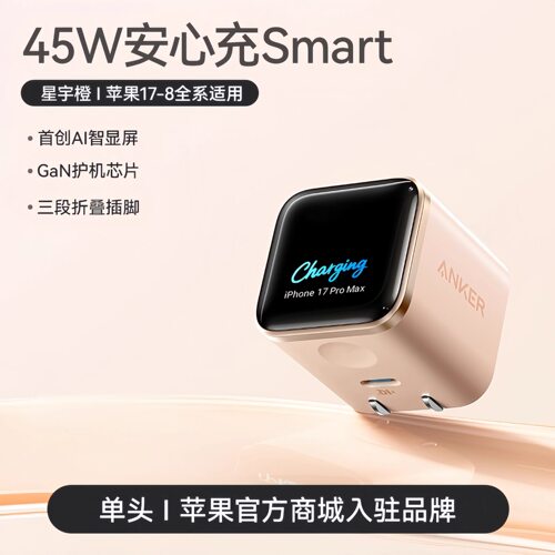 Anker安克（iPhone17智显45W充电器）安心充Smart充电头PD快充适用安卓苹果16/17Pro小巧单口typec充电器插头