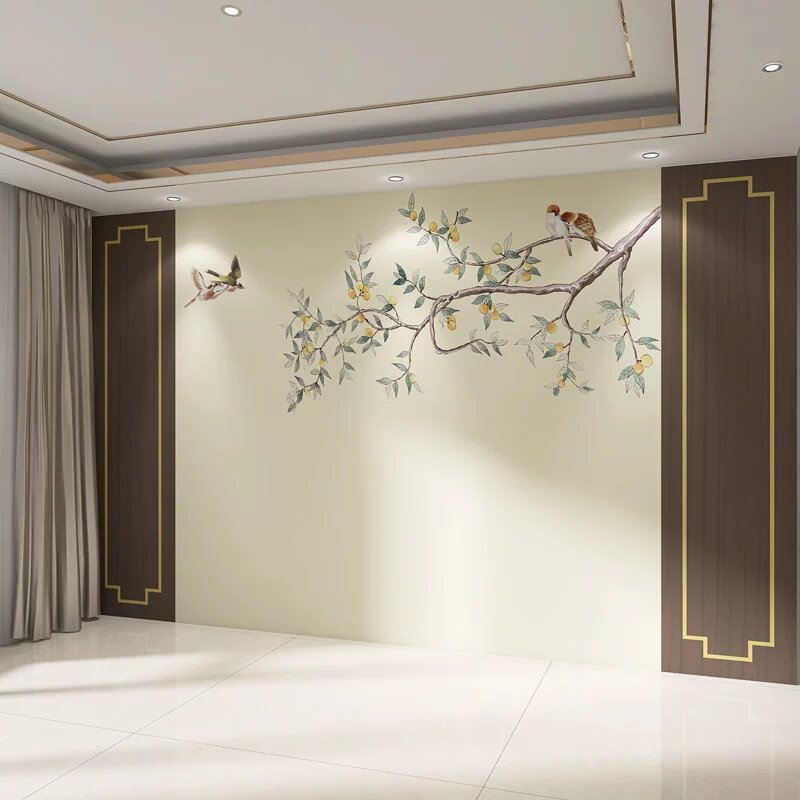 壁画定制新中式花鸟客厅电视背景墙壁纸无纺布花卉图案宋式美学3D
