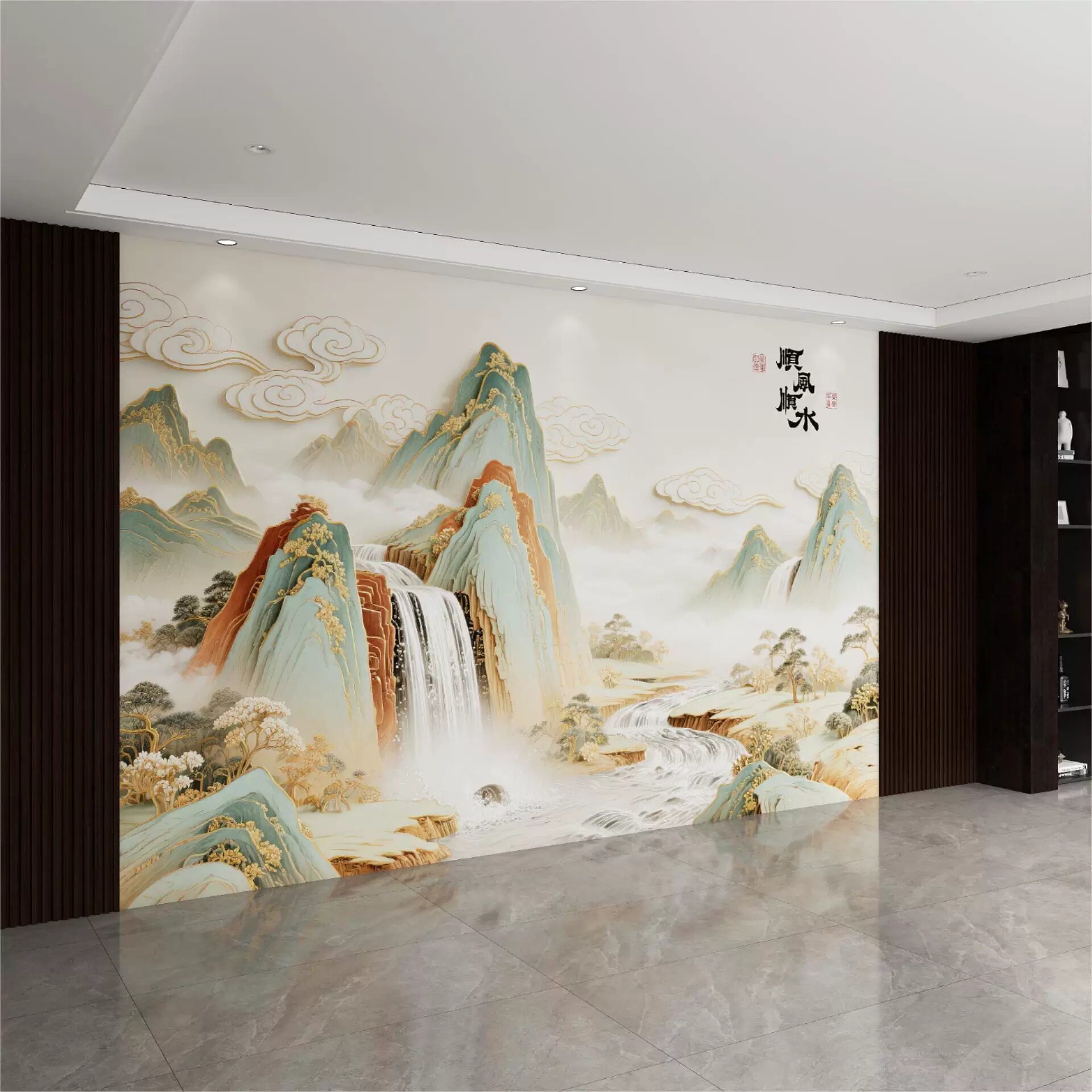 8D立体中式山水定制背景墙壁纸