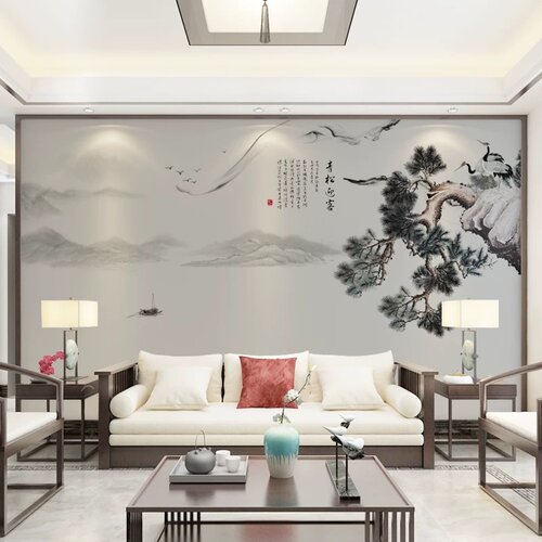 电视背景墙布迎客松仙鹤山水客厅沙发壁布民宿壁画中式风格山水画