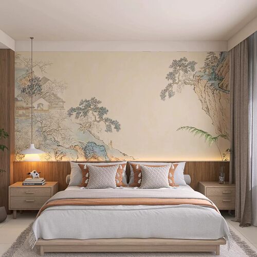 新中式山水国画电视沙发背景墙布壁纸饭店墙面大气办公室定制壁画