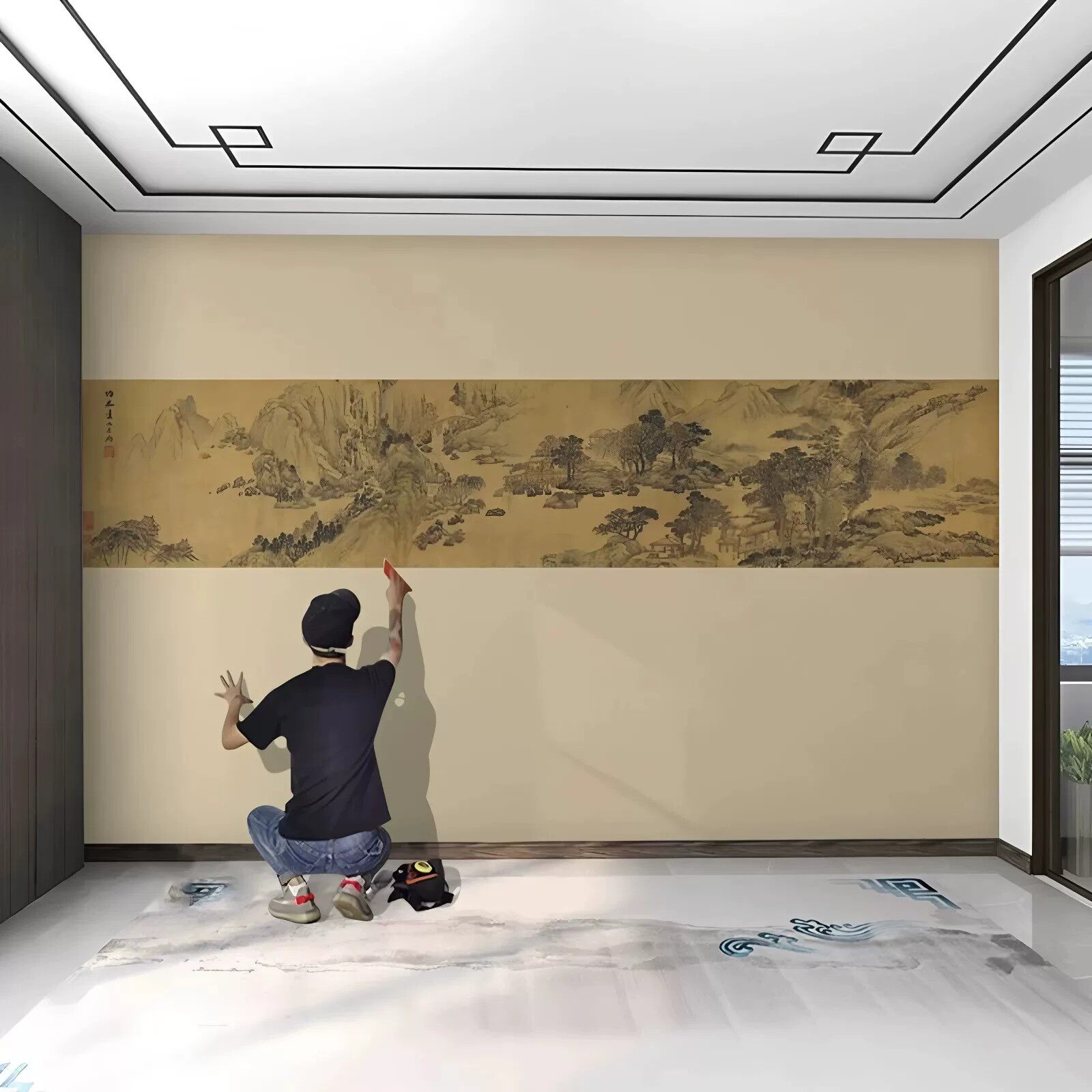 宋式美学3D横版长条腰线中古风山水画芯图库定制墙布壁画墙纸壁纸