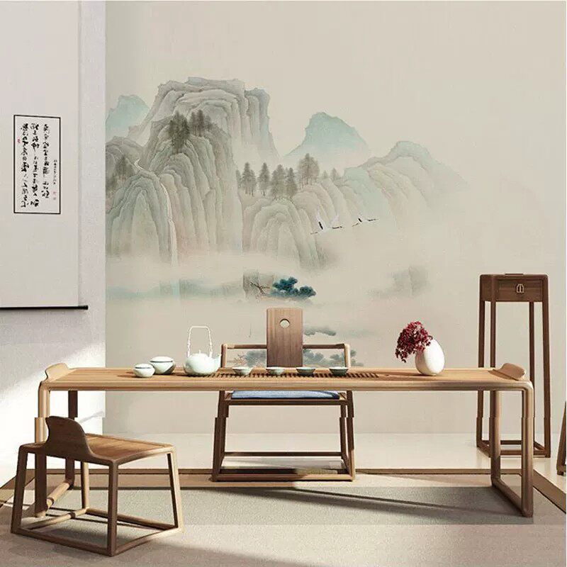现代中式意境水墨山水画仙鹤客厅沙发背景墙壁纸书房茶室墙布壁画