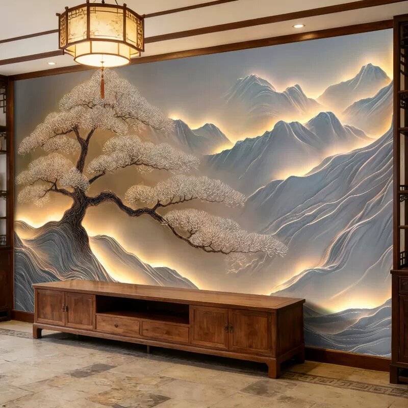 定制壁画新中式客厅背景墙8D立体浮雕山水松树墙布影视墙壁布高档