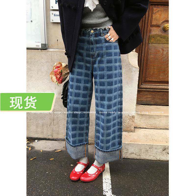 Mona家 时尚潮流设计感印花 直筒中腰牛仔裤女小个子加绒秋冬季新