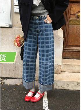 Mona家 时尚潮流设计感印花 直筒中腰牛仔裤女小个子加绒秋冬季新