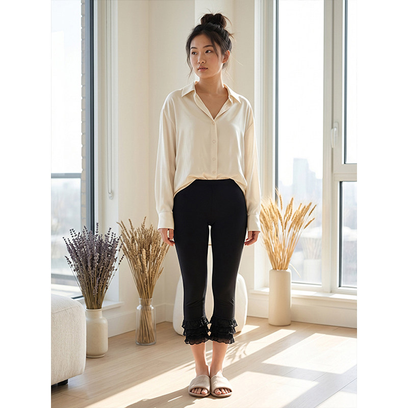 女款打底休闲裤春夏垂感黑色显瘦韩版裤子百搭通勤裤脚蕾丝七分裤
