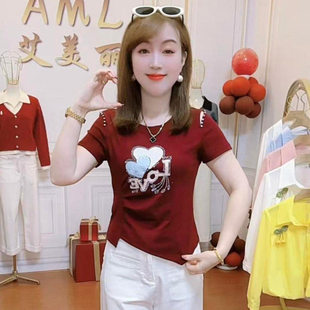 时尚爱心烫钻短袖T恤女2026春夏新款洋气质修身显瘦不规则打底衫