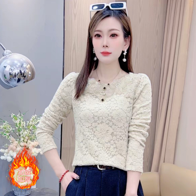 加绒打底衫女2025冬季蕾丝修身衣