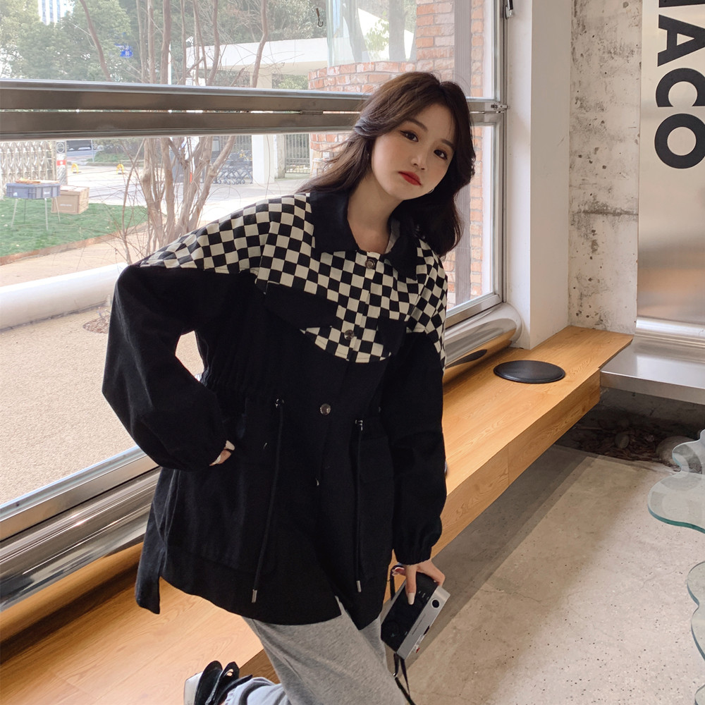 美式慵懒chic黑白格拼接工装外套女春秋2025新款超火好看夹克上衣，女装风衣，浙宝229