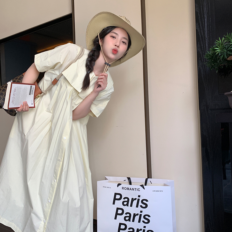 奶黄色连衣裙女2025夏季新款小个子学院风法式甜美宽松显瘦长裙，女装连衣裙，浙宝229