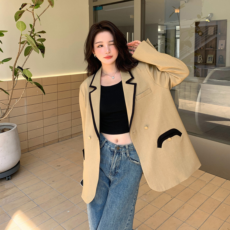 高级气质感女神范卡其色短款西装外套女春秋超火好看宽松夹克上衣,女装西装,浙宝229