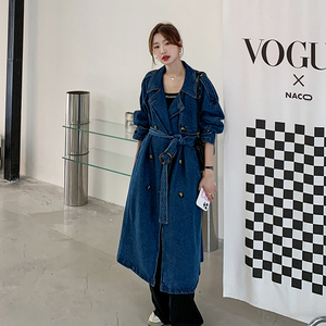 牛仔风衣外套女2025年春秋新款时尚大码双排扣中长款收腰休闲大衣,女装风衣,浙宝229