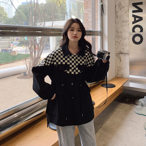 美式慵懒chic黑白格拼接工装外套女春秋2025新款超火好看夹克上衣图片
