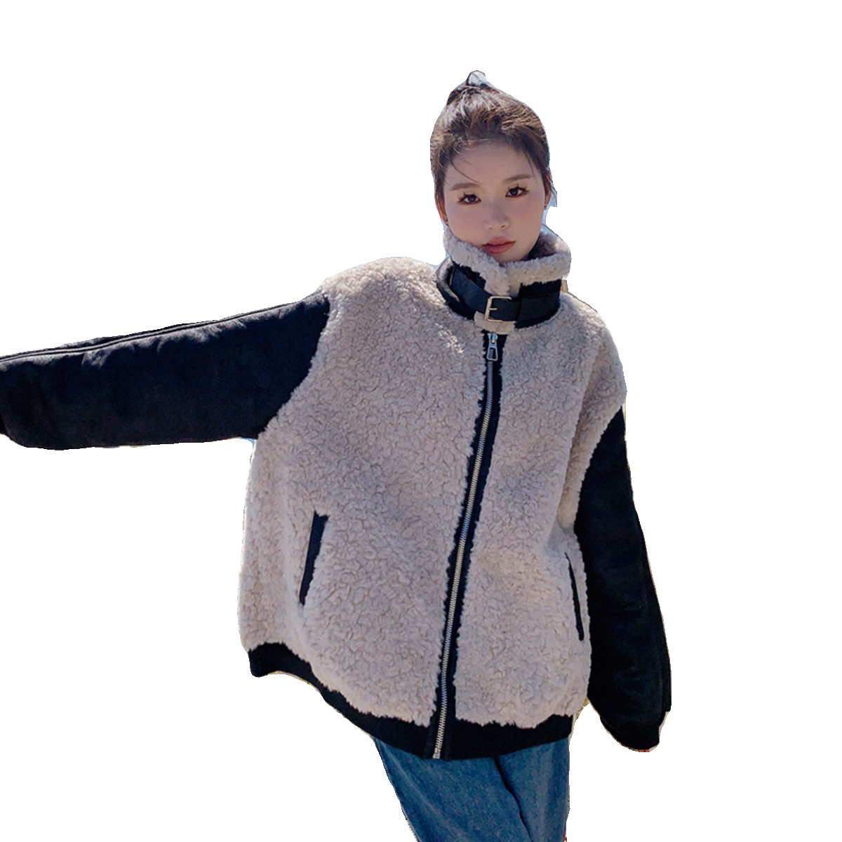 韩版假两件牛仔拼接羊羔毛外套女2025年冬季新款加厚显瘦棉衣棉服,女装短外套,浙宝229
