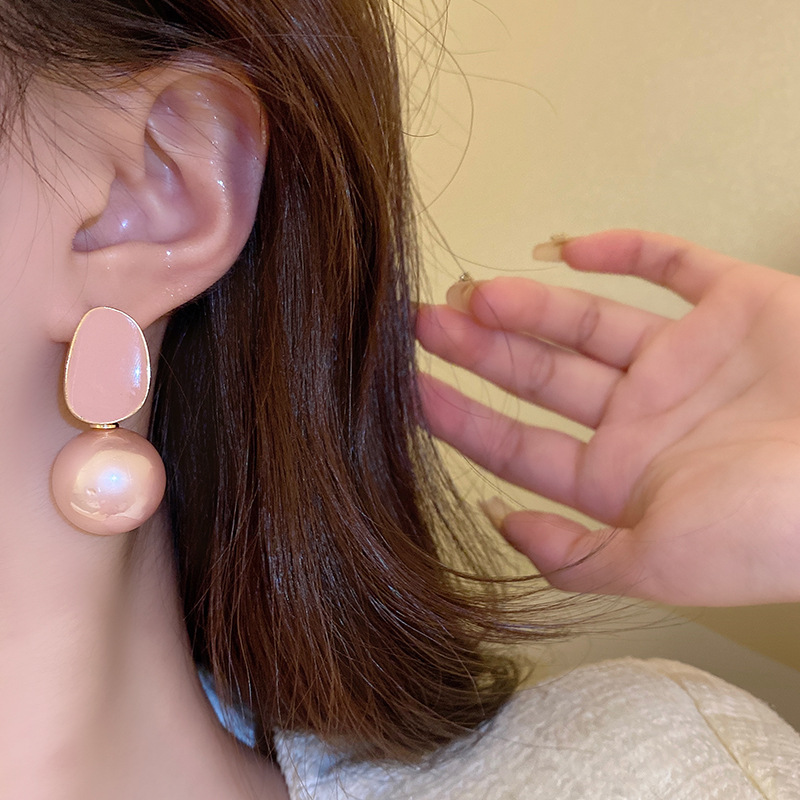 粉色大珍珠耳环复古港风夸张气质个性耳坠女简约百搭轻奢礼服耳钉