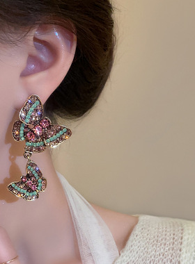 超闪彩钻紫色蝴蝶流苏大耳环重工长款夸张耳坠女复古礼服耳钉银针