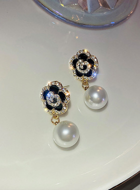 优雅名媛大气耳环女黑色花朵珍珠耳饰轻奢时尚2024新款潮耳钉银针