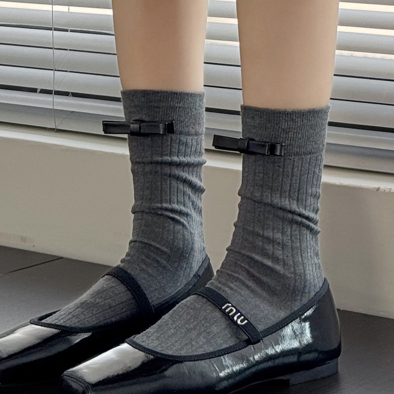 秋冬款深灰色小腿袜女咖啡色短袜子jk白色中筒袜韩版蝴蝶结堆堆袜