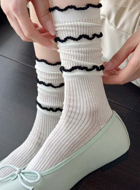 JK米白色小腿袜女春夏薄款甜美木耳边蓝色中筒袜灰色条纹堆堆袜子