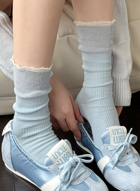 浅蓝色小腿袜女春款甜美白色中筒袜灰色堆堆袜竖条纹黄色棉短袜子